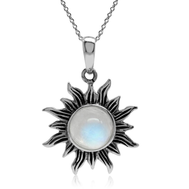 Silvershake 8MM Natural Moonstone 925 Sterling Silver Sun Ray Inspired Pendant with 18 Inch Chain Necklace - Image 1